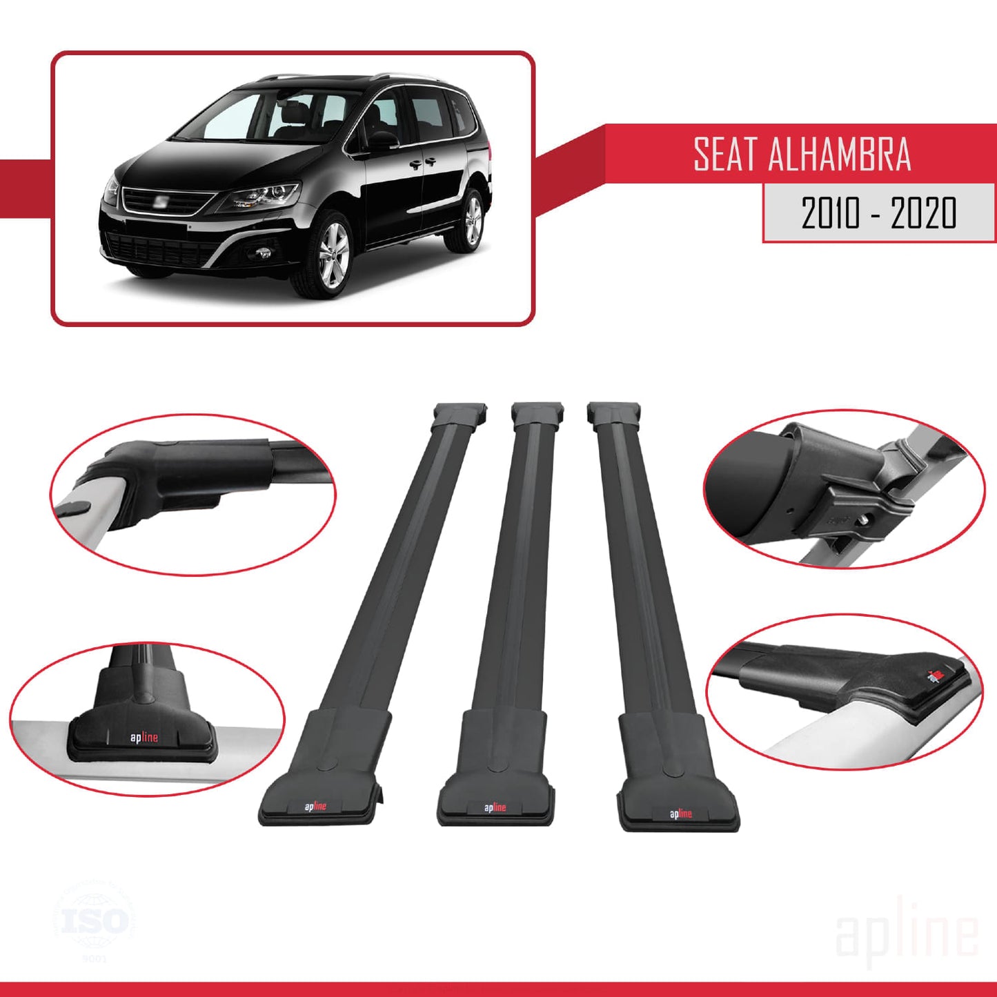 Compatible avec Seat Alhambra 2 (7N) 2010-2020 FLY Model Barres de Toit Railing Porte-Bagages de Voiture Noir Aluminium 3 Barres