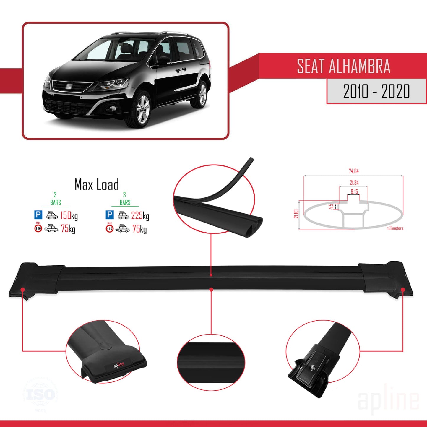 Compatible avec Seat Alhambra 2 (7N) 2010-2020 FLY Model Barres de Toit Railing Porte-Bagages de Voiture Noir Aluminium 2 Barres
