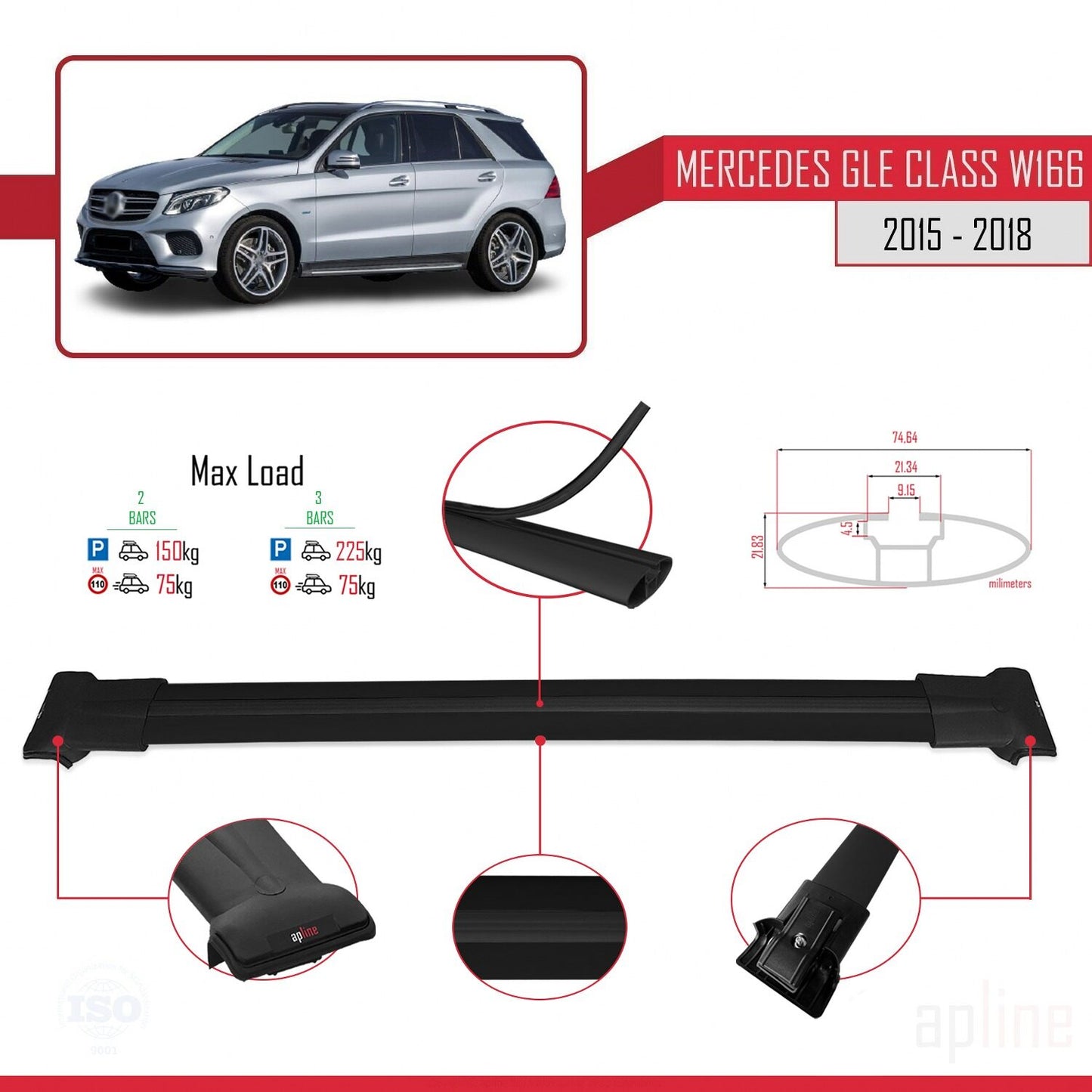 Compatible avec Mercedes Classe GLE 3 (W166) 2015-2018 FLY Model Barres de Toit Railing Porte-Bagages de Voiture Noir Aluminium 2 Barres