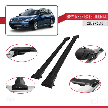Compatible avec BMW Série 5 (E61) Touring 2004-2010 FLY Model Barres de Toit Railing Porte-Bagages de Voiture Noir Aluminium 2 Barres