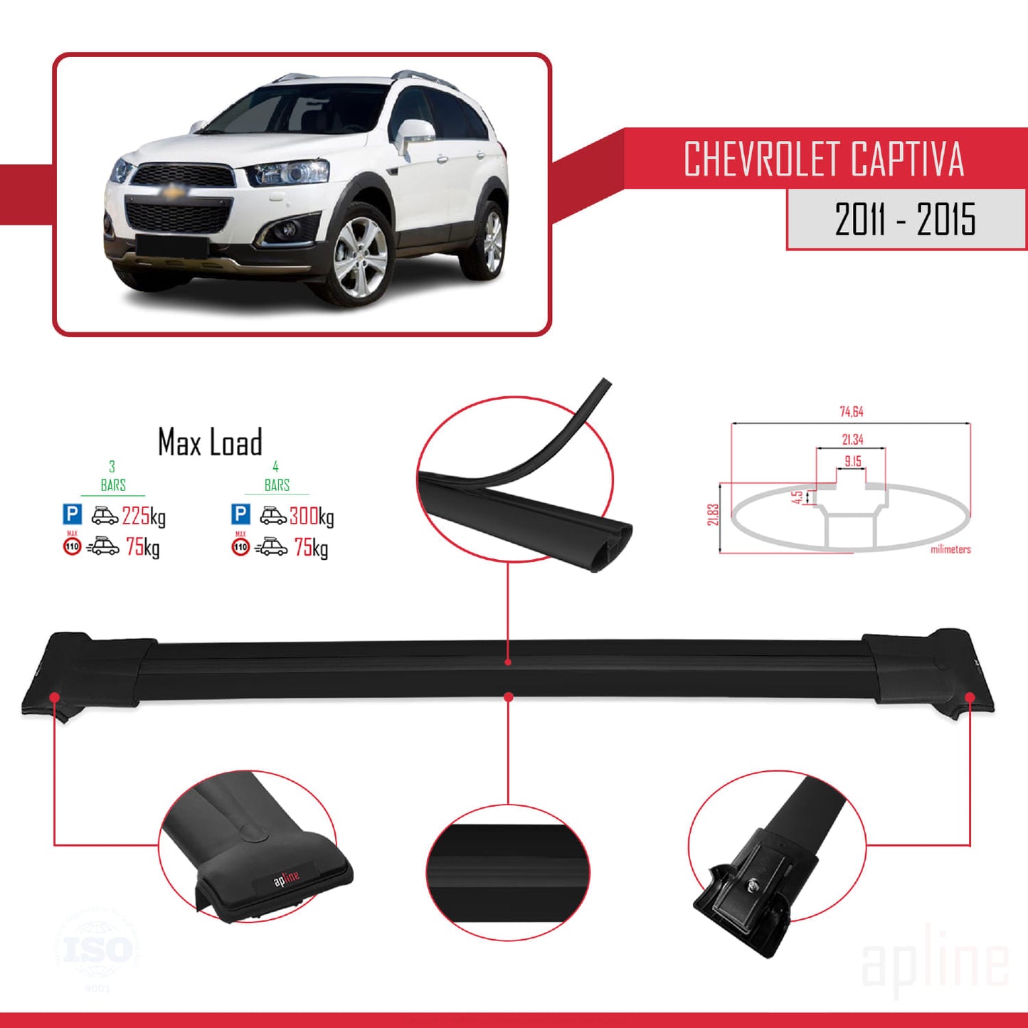 Compatible avec Chevrolet Captiva 2011-2015 FLY Model Barres de Toit Railing Porte-Bagages de Voiture Noir Aluminium 3 Barres