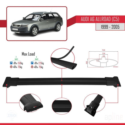 Compatible avec A6 (C5) Allroad 1999-2005 FLY Model Barres de Toit Railing Porte-Bagages de Voiture Noir Aluminium 2 Barres