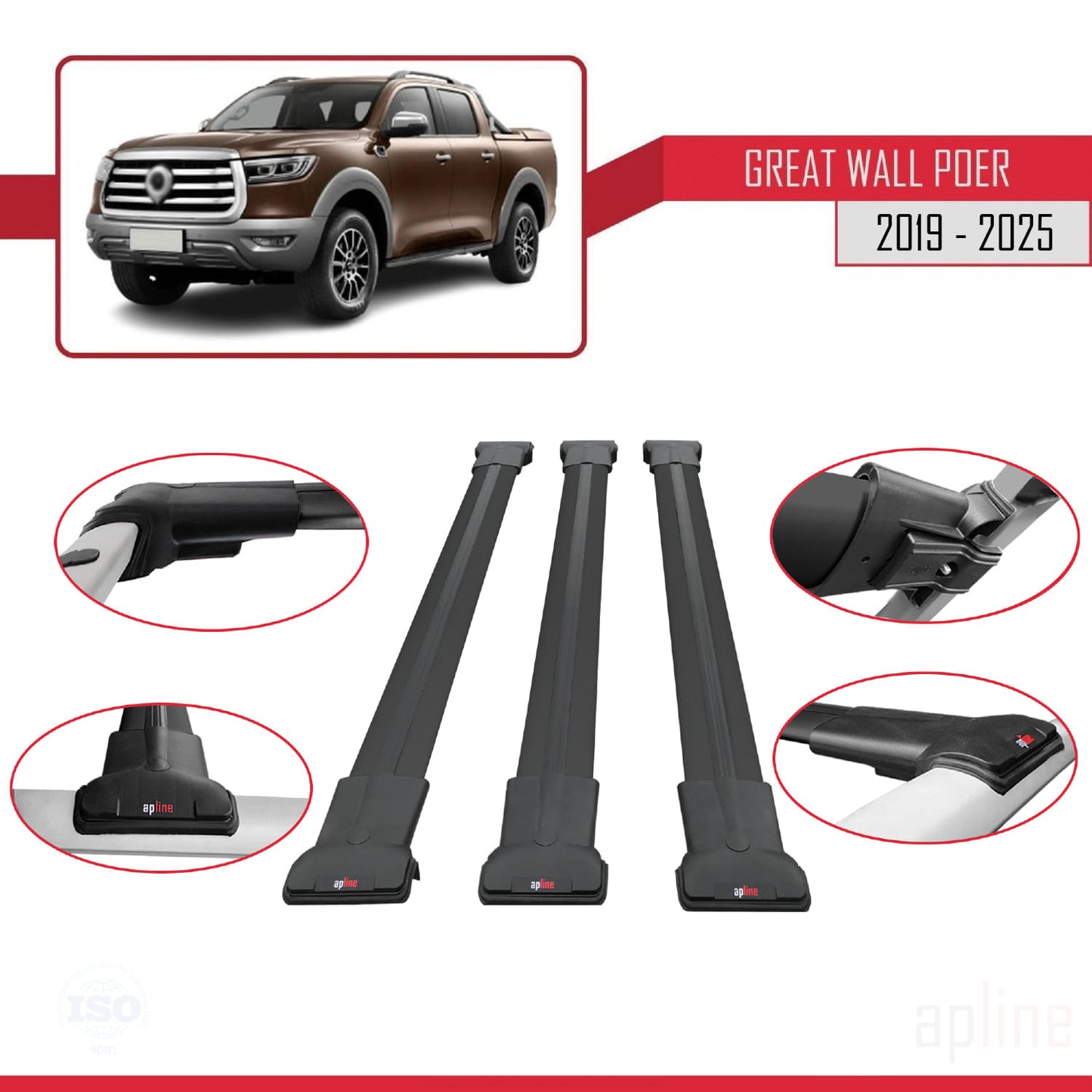Compatible avec Great Wall Poer 2019-2025 FLY Model Barres de Toit Railing Porte-Bagages de Voiture Noir Aluminium 3 Barres