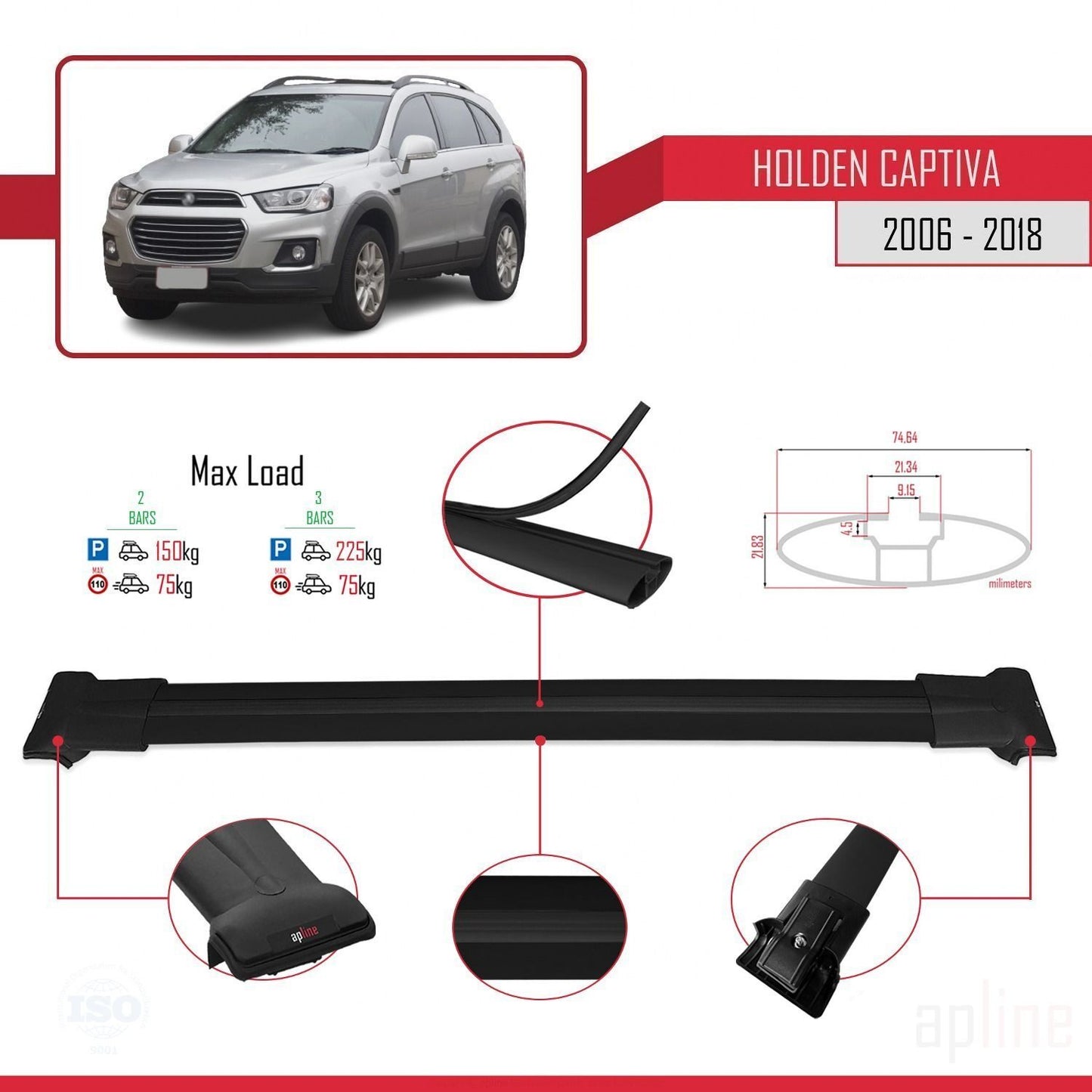Compatible avec Holden Captiva 2006-2018 FLY Model Barres de Toit Railing Porte-Bagages de Voiture Noir Aluminium 2 Barres