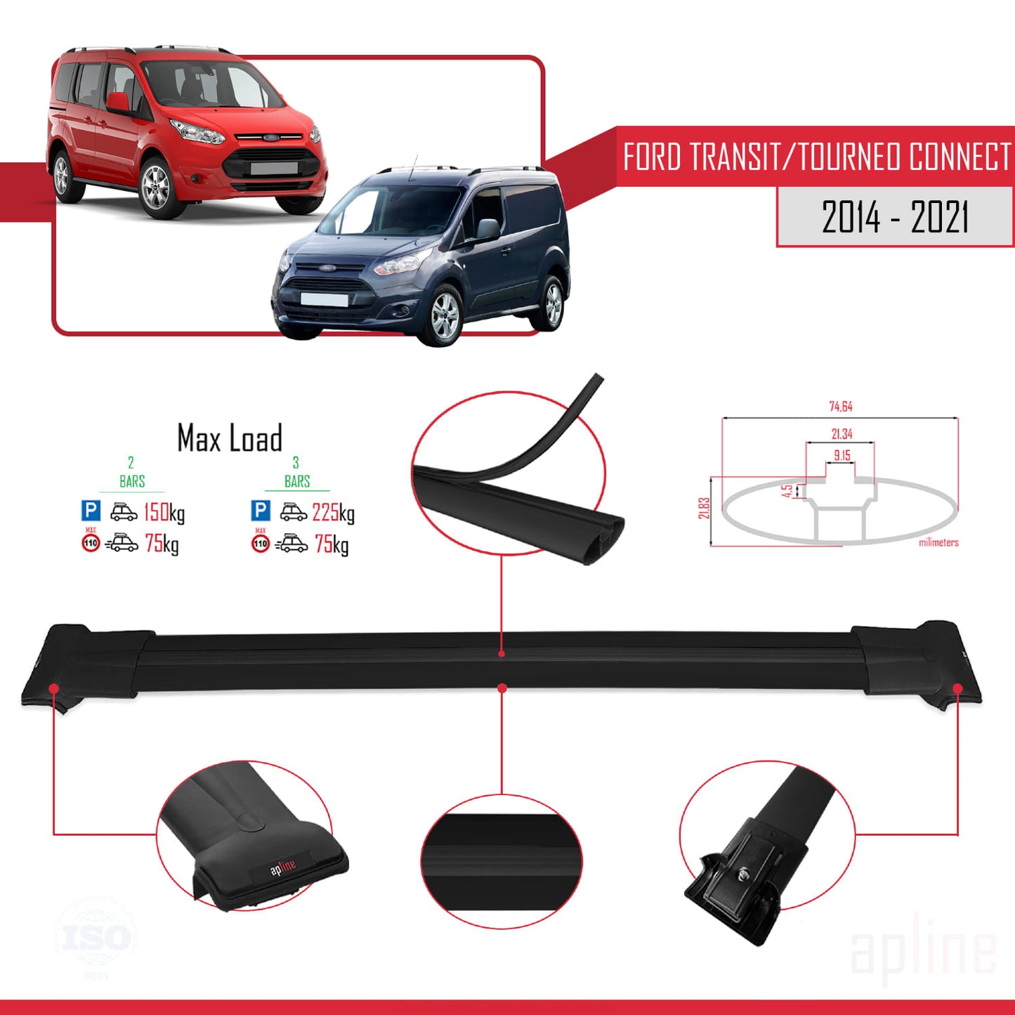Compatible avec Ford Transit/Tourneo Connect 2 2014-2021 FLY Model Barres de Toit Railing Porte-Bagages de Voiture Noir Aluminium 2 Barres