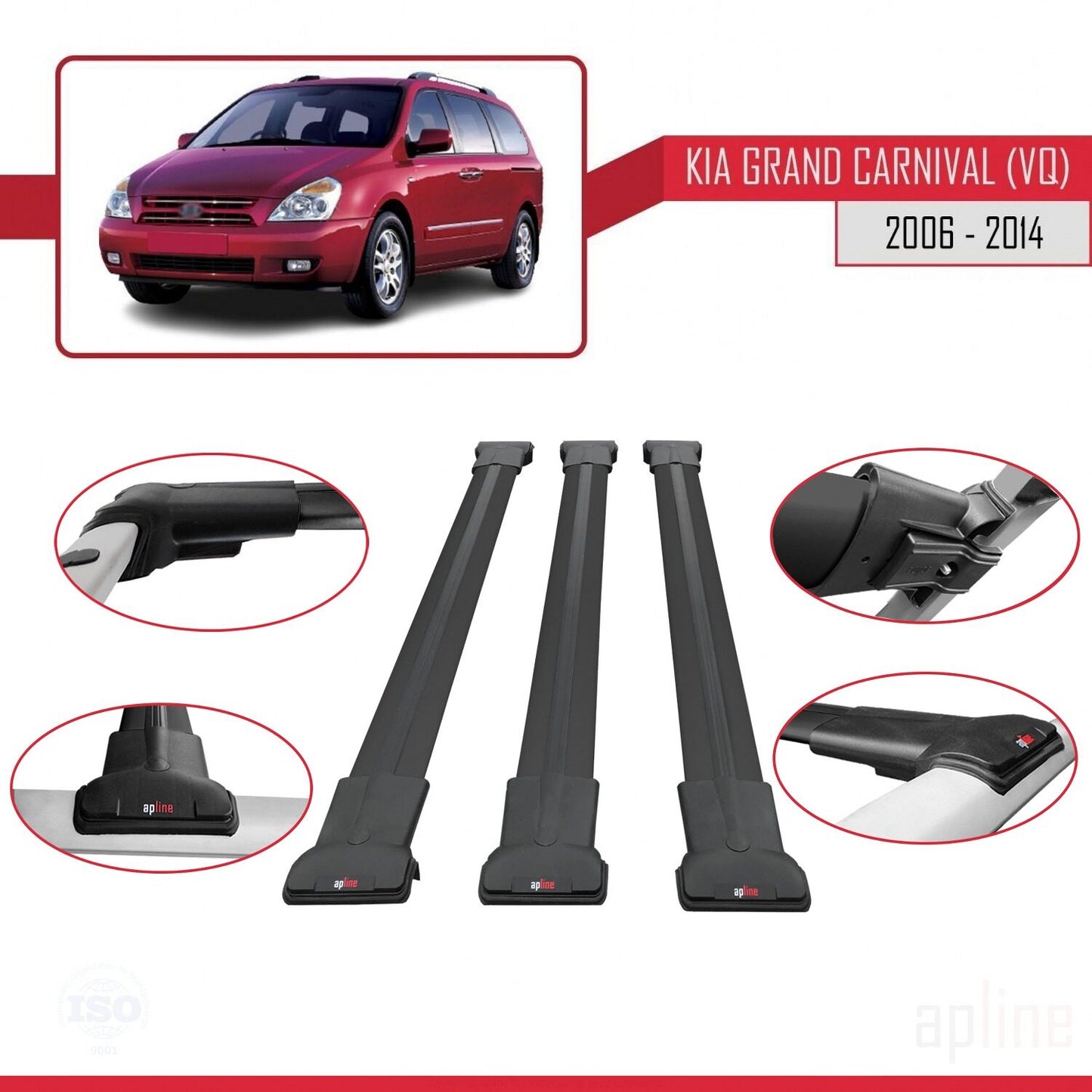 Compatible avec Kia Grand Carnival 2 (VQ) 2006-2014 FLY Model Barres de Toit Railing Porte-Bagages de Voiture Noir Aluminium 3 Barres
