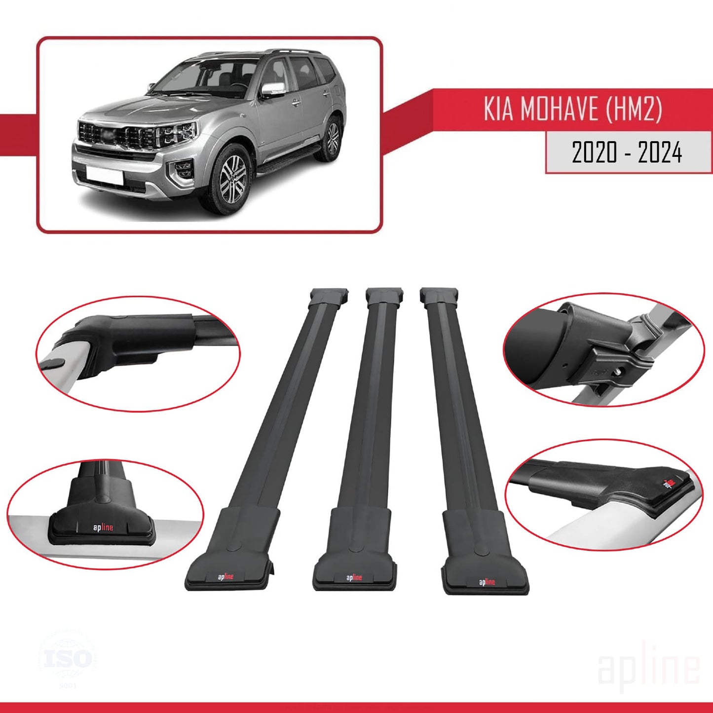 Compatible avec Kia Mohave 2 (HM2) 2020-2024 FLY Model Barres de Toit Railing Porte-Bagages de Voiture Noir Aluminium 3 Barres