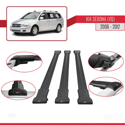 Compatible avec Kia Sedona 2 (VQ) 2006-2012 FLY Model Barres de Toit Railing Porte-Bagages de Voiture Noir Aluminium 3 Barres