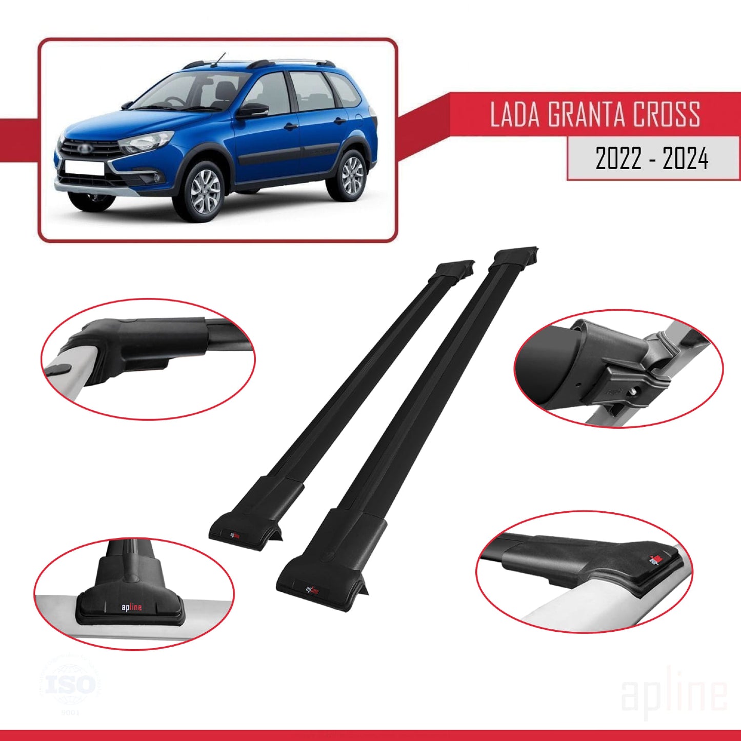 Compatible avec Lada Granta Cross 2022-2024 FLY Model Barres de Toit Railing Porte-Bagages de Voiture Noir Aluminium 2 Barres