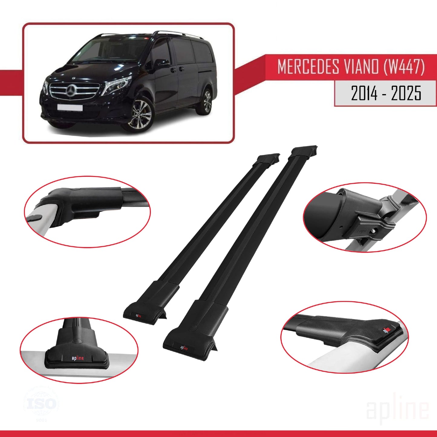 Compatible avec Mercedes Viano 3 (W447) 2014-2025 FLY Model Barres de Toit Railing Porte-Bagages de Voiture Noir Aluminium 2 Barres
