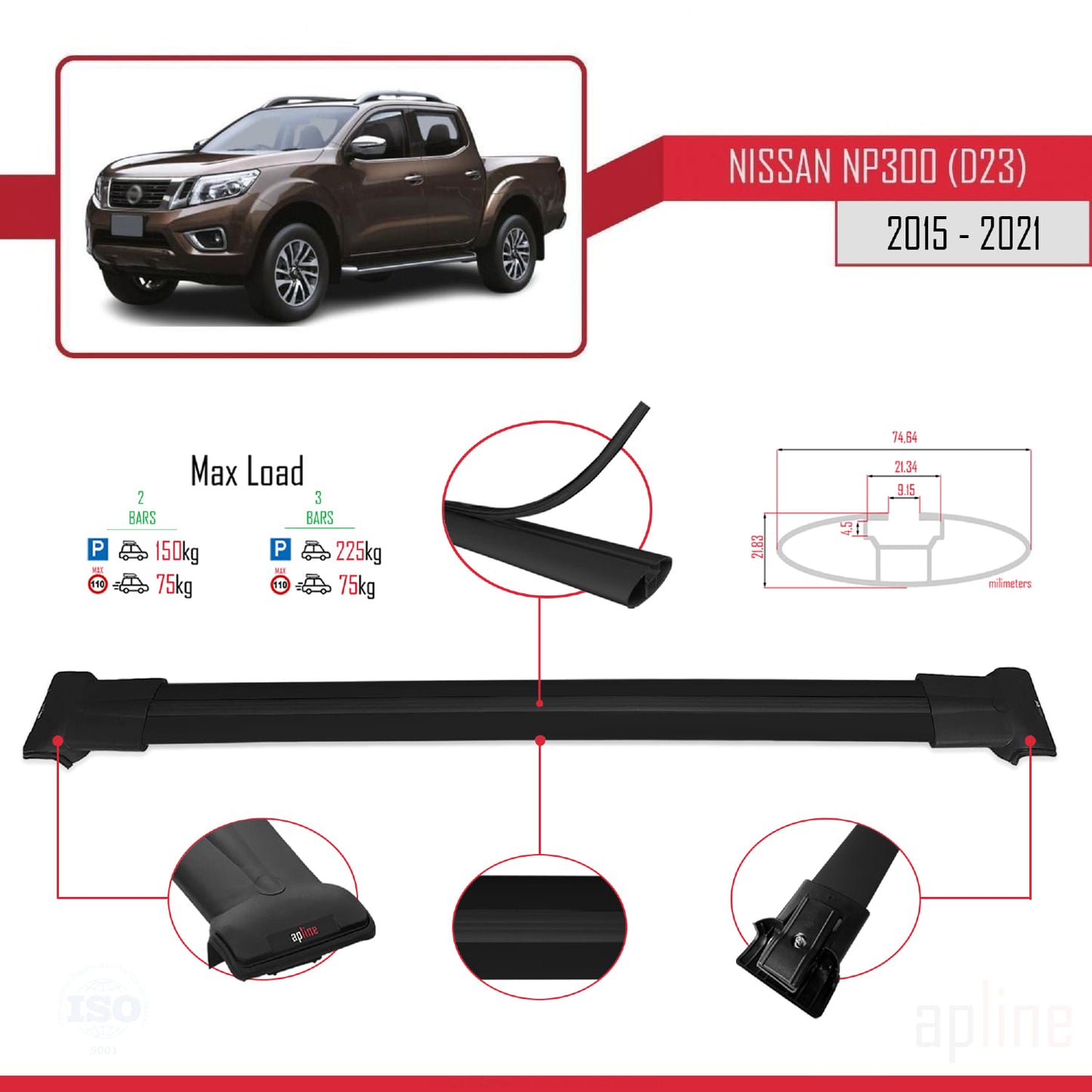 Compatible avec Nissan NP300 (D23) 2015-2021 FLY Model Barres de Toit Railing Porte-Bagages de Voiture Noir Aluminium 2 Barres