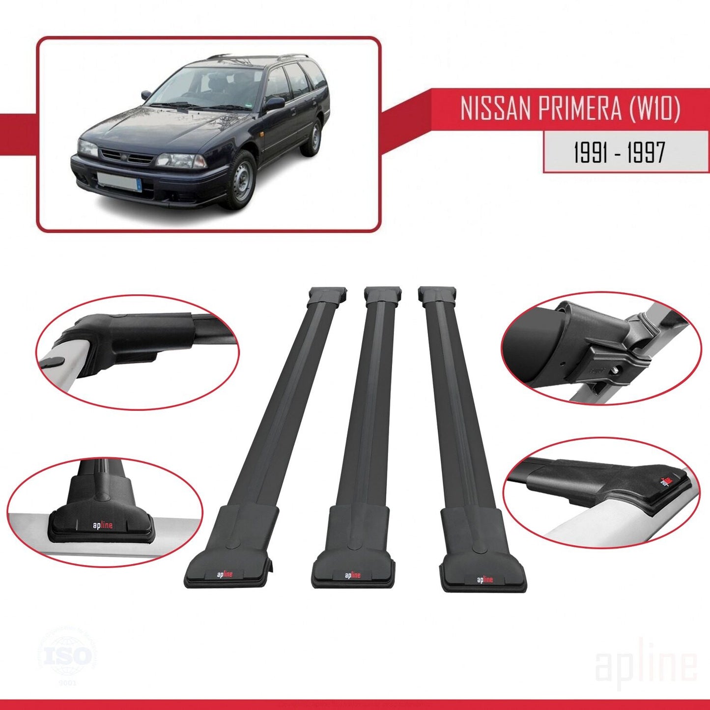 Compatible avec Nissan Primera (W10) Traveller 1991-1997 FLY Model Barres de Toit Railing Porte-Bagages de Voiture Noir Aluminium 3 Barres