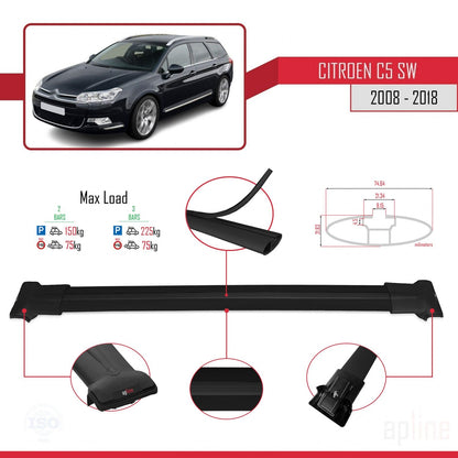 Compatible avec Citroen C5 II Tourer 2008-2018 FLY Model Barres de Toit Railing Porte-Bagages de Voiture Noir Aluminium 2 Barres