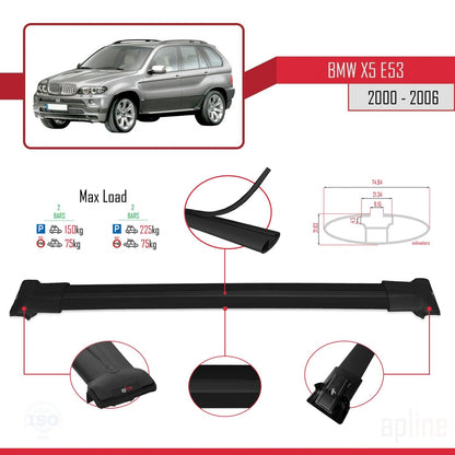 Compatible avec BMW X5 (E53) 2000-2006 FLY Model Barres de Toit Railing Porte-Bagages de Voiture Noir Aluminium 2 Barres