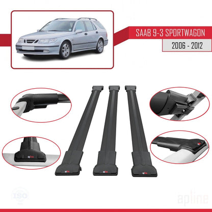 Compatible avec Saab 9-3 II Break 2006-2012 FLY Model Barres de Toit Railing Porte-Bagages de Voiture Noir Aluminium 3 Barres