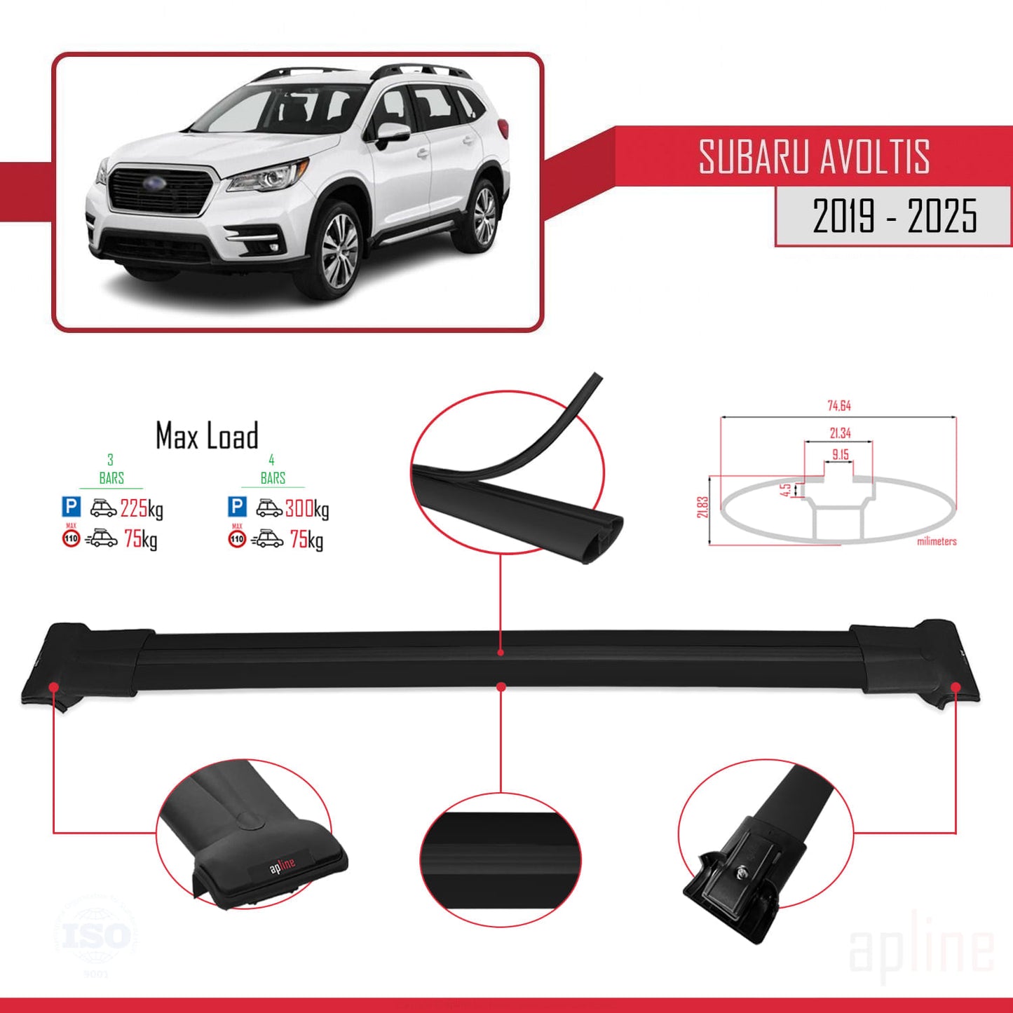Compatible avec Subaru Evoltis 2019-2025 FLY Model Barres de Toit Railing Porte-Bagages de Voiture Noir Aluminium 3 Barres