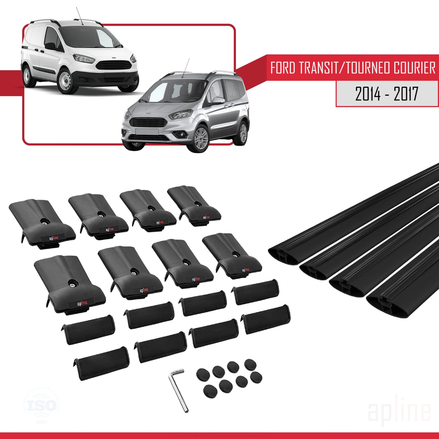 Compatible avec Ford Transit/Tourneo Courier Pre-Facelift 2014-2017 FLY Model Barres de Toit Railing Porte-Bagages de Voiture Noir Aluminium 4 Barres