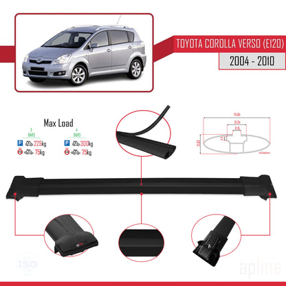 Compatible avec Toyota Corolla Verso 2 (AR10) 2004-2010 FLY Model Barres de Toit Railing Porte-Bagages de Voiture Noir Aluminium 3 Barres