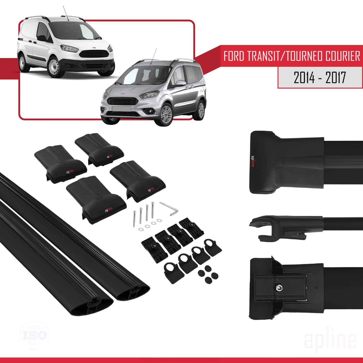 Compatible avec Ford Transit/Tourneo Courier Pre-Facelift 2014-2017 FLY Model Barres de Toit Railing Porte-Bagages de Voiture Noir Aluminium 2 Barres