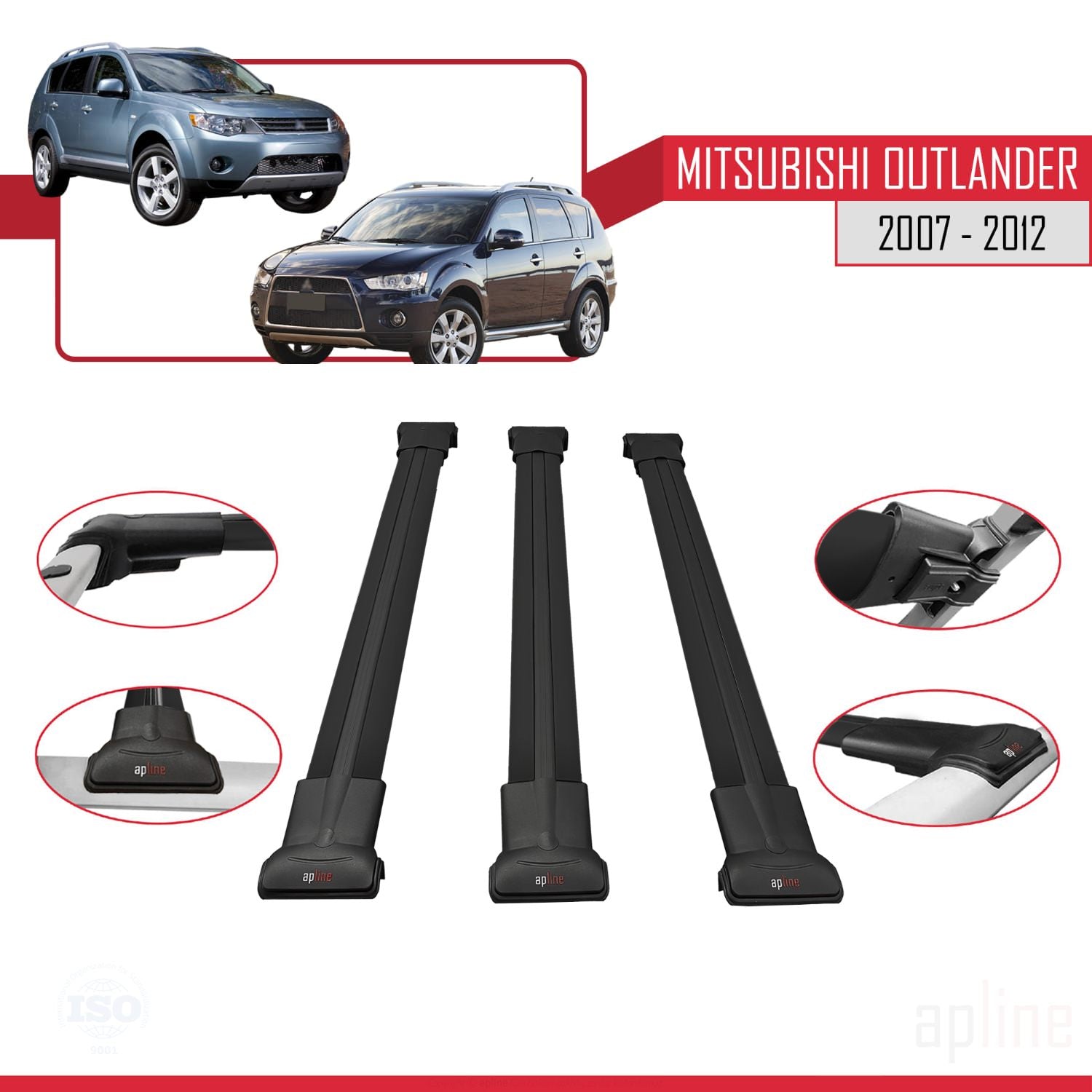 Compatible avec Mitsubishi Outlander 2 2007-2012 FLY Model Barres de Toit Railing Porte-Bagages de Voiture Noir Aluminium 3 Barres