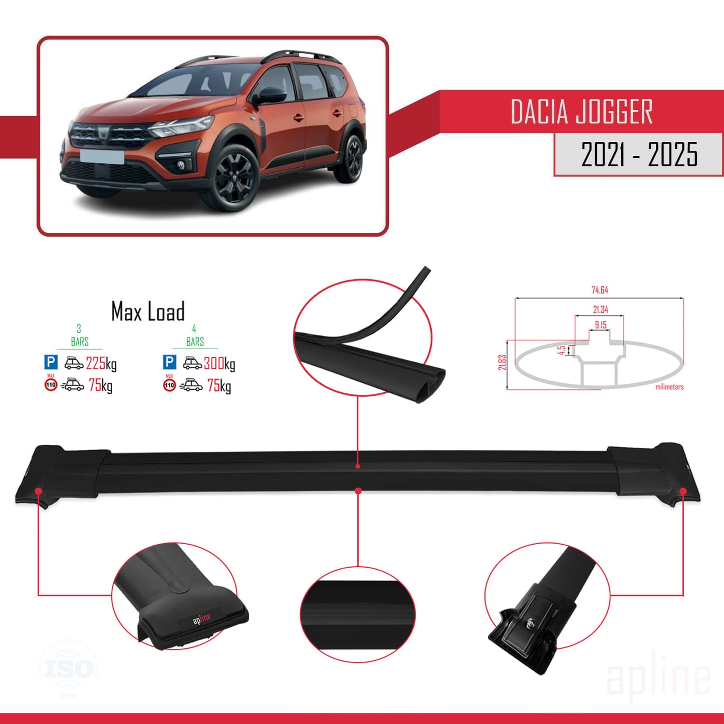 Compatible avec Dacia Jogger 2021-2025 FLY Model Barres de Toit Railing Porte-Bagages de Voiture Noir Aluminium 3 Barres