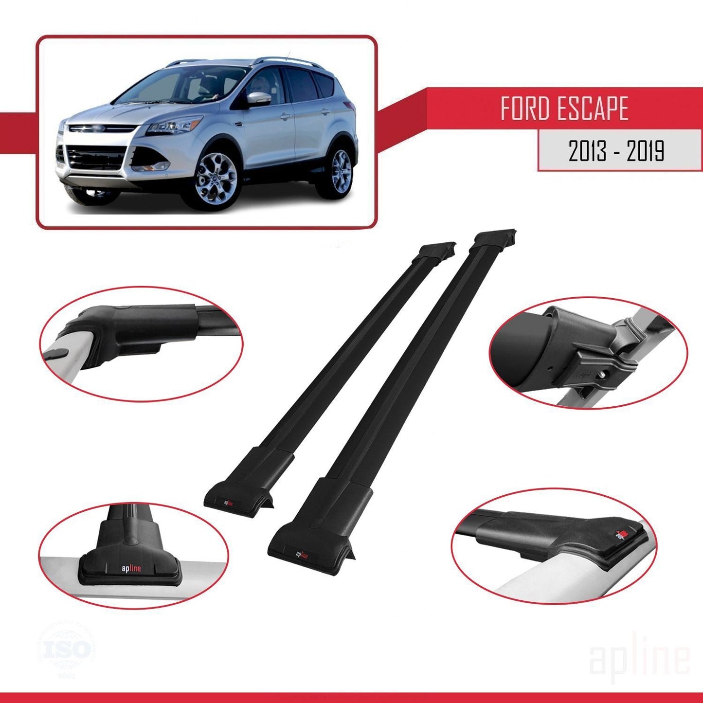 Compatible avec Ford Escape 3 2013-2019 FLY Model Barres de Toit Railing Porte-Bagages de Voiture Noir Aluminium 2 Barres