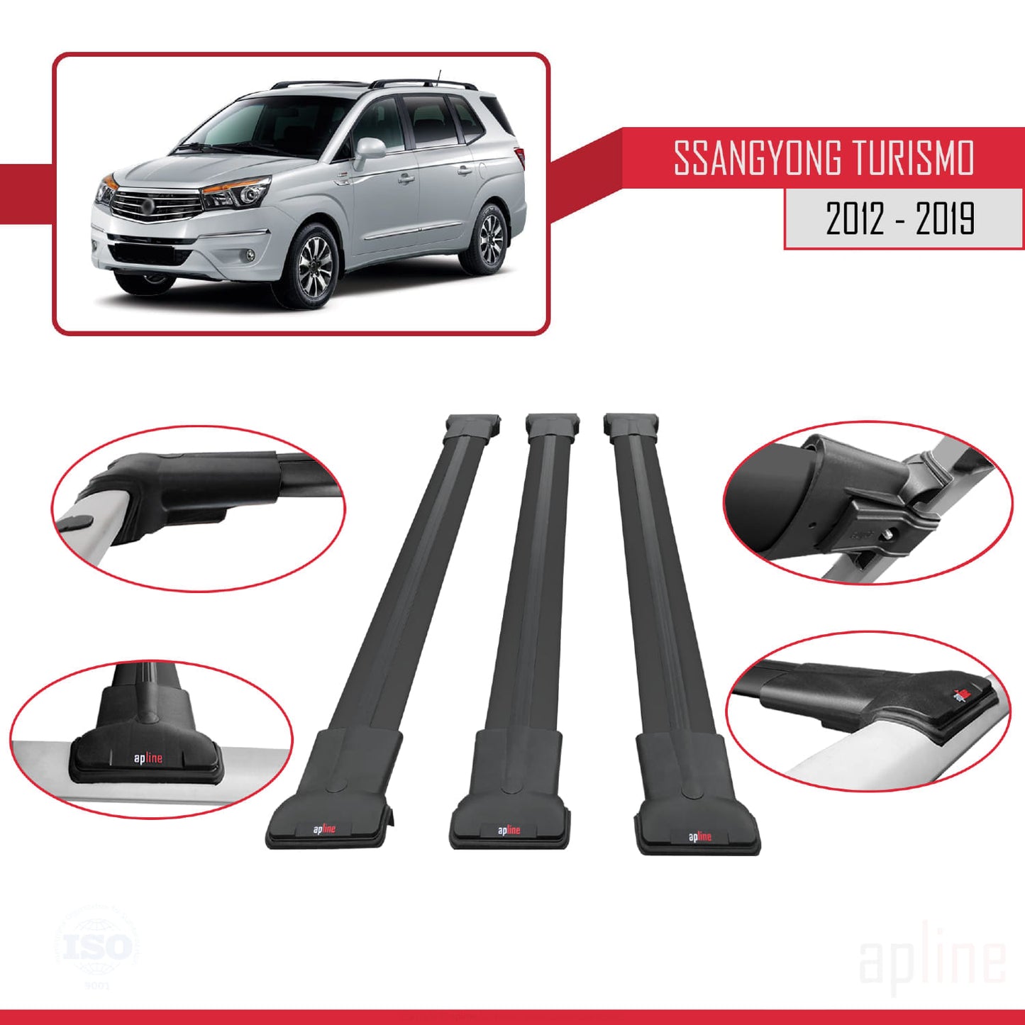 Compatible avec Ssangyong Turismo 2012-2019 FLY Model Barres de Toit Railing Porte-Bagages de Voiture Noir Aluminium 3 Barres