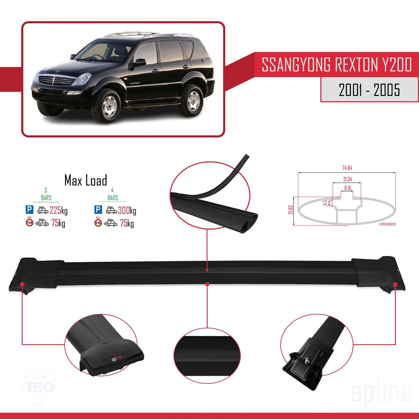 Compatible avec Ssangyong Rexton (Y200) 2001-2005 FLY Model Barres de Toit Railing Porte-Bagages de Voiture Noir Aluminium 3 Barres