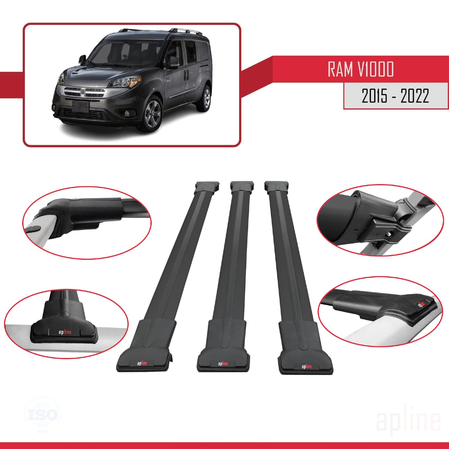 Compatible avec Ram V1000 2015-2022 FLY Model Barres de Toit Railing Porte-Bagages de Voiture Noir Aluminium 3 Barres