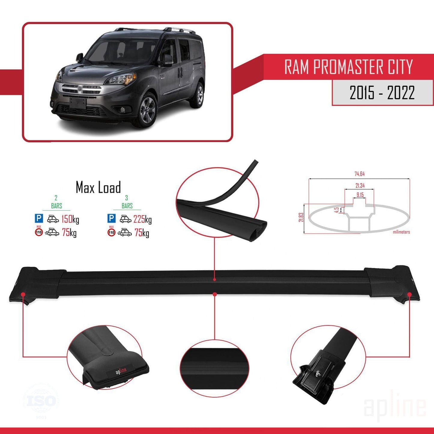 Compatible avec Ram Promaster City (636) 2015-2022 FLY Model Barres de Toit Railing Porte-Bagages de Voiture Noir Aluminium 2 Barres