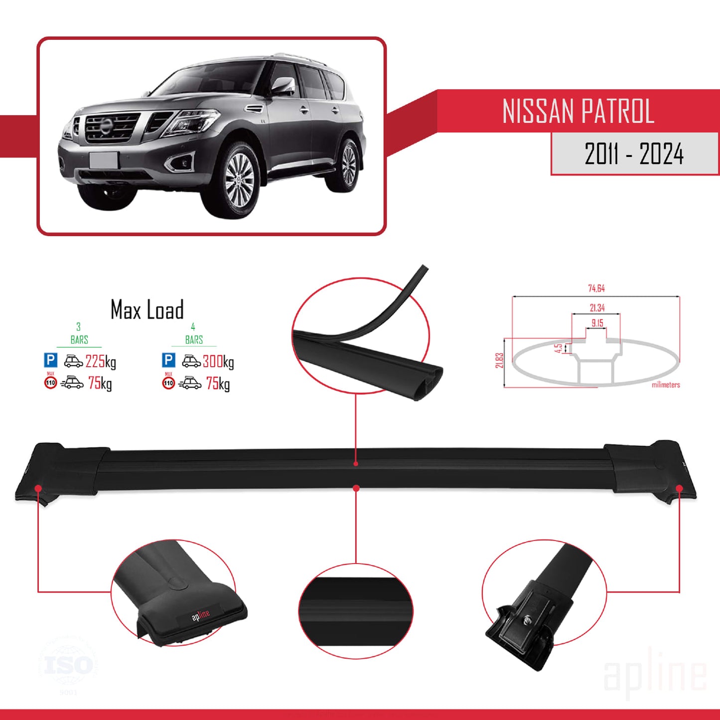 Compatible avec Nissan Patrol 6 (Y62) 2011-2024 FLY Model Barres de Toit Railing Porte-Bagages de Voiture Noir Aluminium 3 Barres