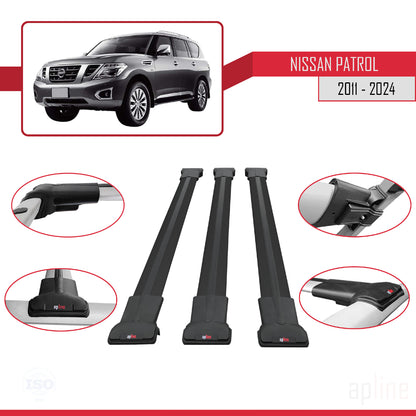 Compatible avec Nissan Patrol 6 (Y62) 2011-2024 FLY Model Barres de Toit Railing Porte-Bagages de Voiture Noir Aluminium 3 Barres