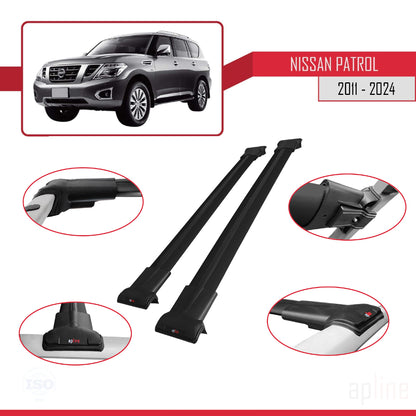 Compatible avec Nissan Patrol 6 (Y62) 2011-2024 FLY Model Barres de Toit Railing Porte-Bagages de Voiture Noir Aluminium 2 Barres