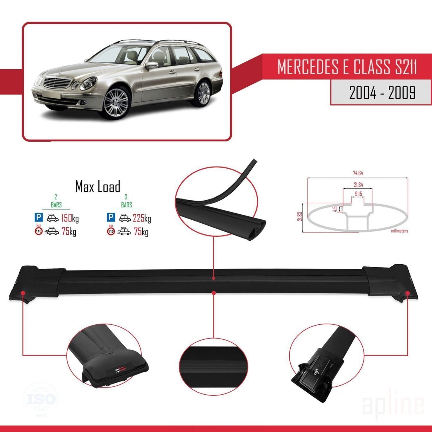 Compatible avec Mercedes Classe E 3 (S211) 2004-2009 FLY Model Barres de Toit Railing Porte-Bagages de Voiture Noir Aluminium 2 Barres