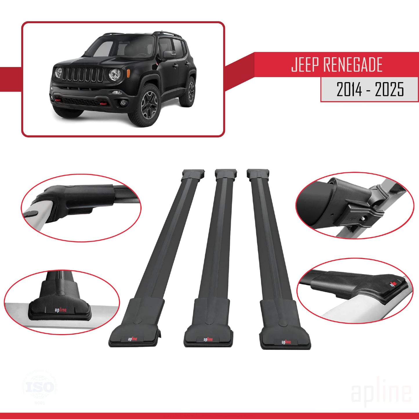 Compatible avec Jeep Renegade (BU) 2014-2025 FLY Model Barres de Toit Railing Porte-Bagages de Voiture Noir Aluminium 3 Barres