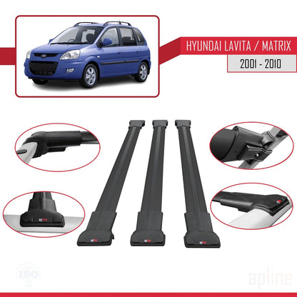 Compatible avec Hyundai Matrix (FC) 2001-2010 FLY Model Barres de Toit Railing Porte-Bagages de Voiture Noir Aluminium 3 Barres