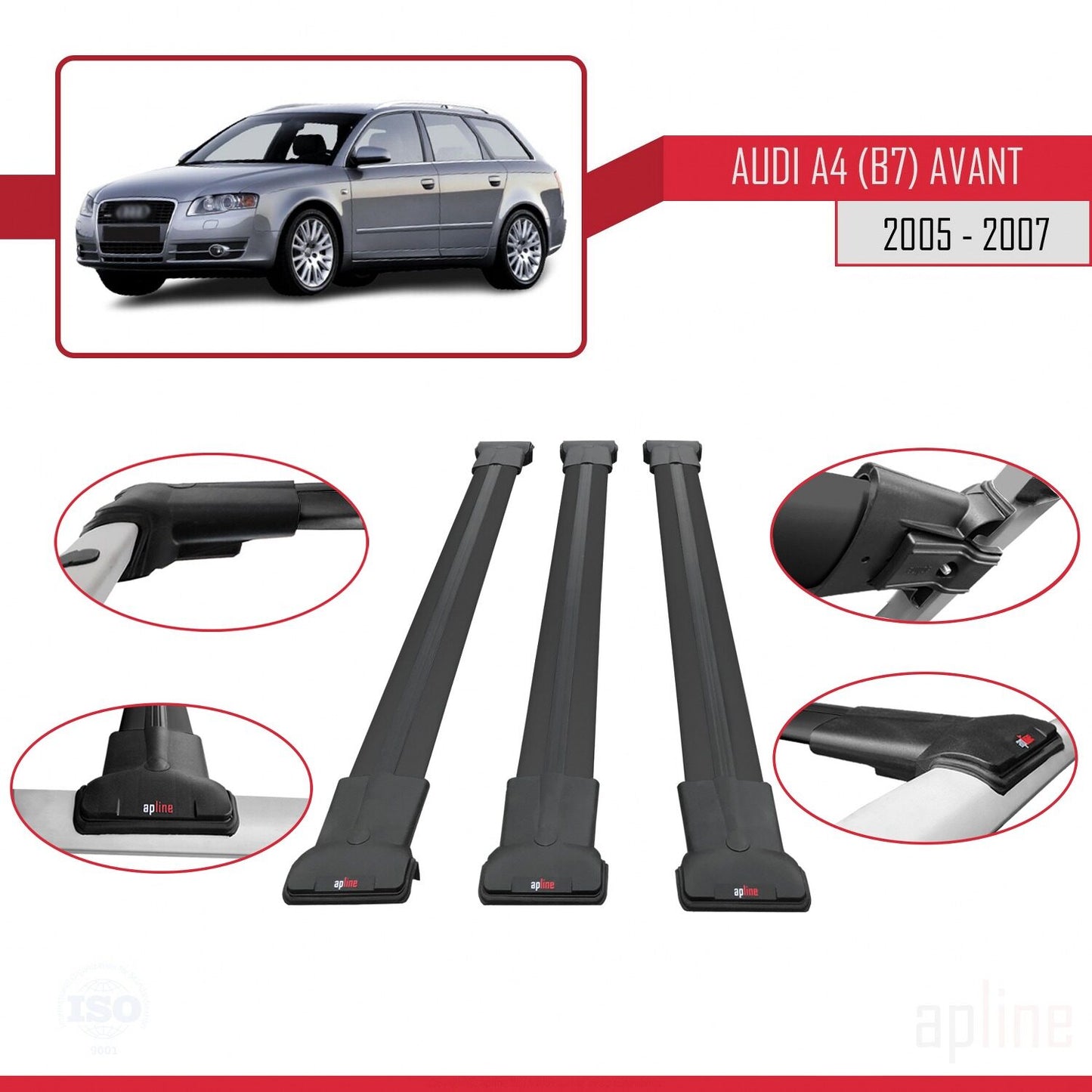 Compatible avec A4 (B7) Avant 2005-2007 FLY Model Barres de Toit Railing Porte-Bagages de Voiture Noir Aluminium 3 Barres