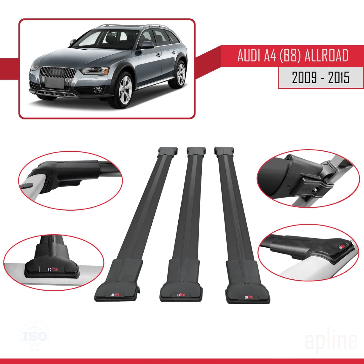 Compatible avec A4 (B8) Allroad 2009-2015 FLY Model Barres de Toit Railing Porte-Bagages de Voiture Noir Aluminium 3 Barres