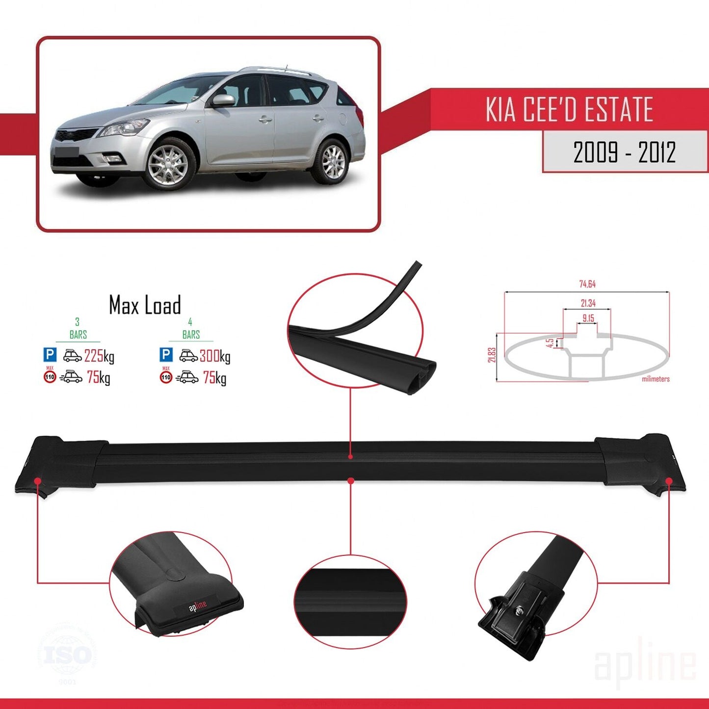 Compatible avec Kia Ceed (ED) Break Post-Facelift 2009-2012 FLY Model Barres de Toit Railing Porte-Bagages de Voiture Noir Aluminium 3 Barres