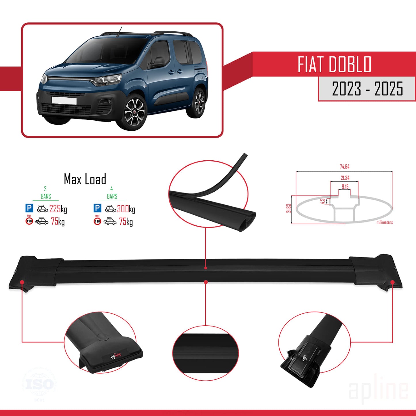 Compatible with Fiat Doblo 3 2023-2025 FLY Model Car Roof Rack Cross Bar Black Aluminium 3 Bars