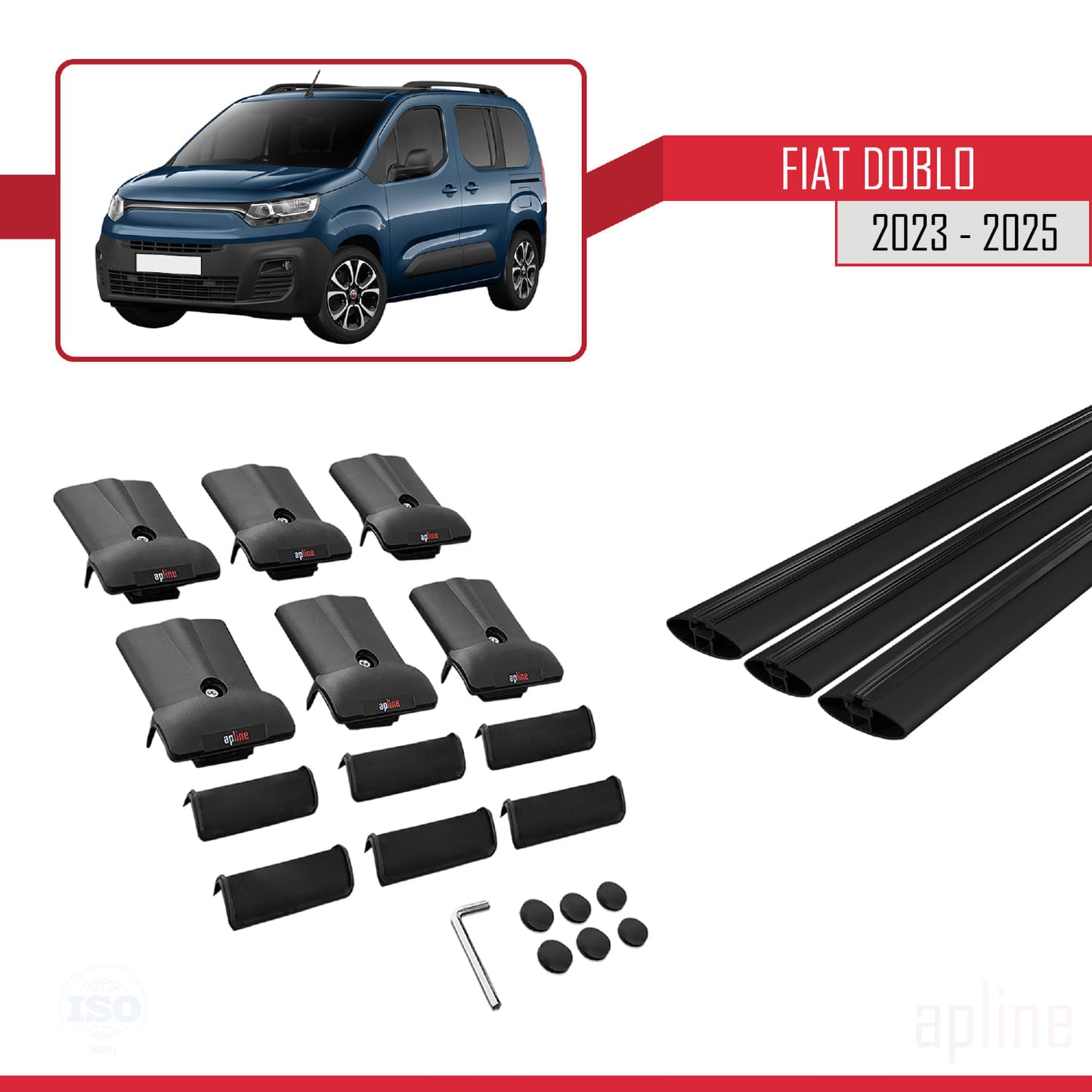 Compatible with Fiat Doblo 3 2023-2025 FLY Model Car Roof Rack Cross Bar Black Aluminium 3 Bars