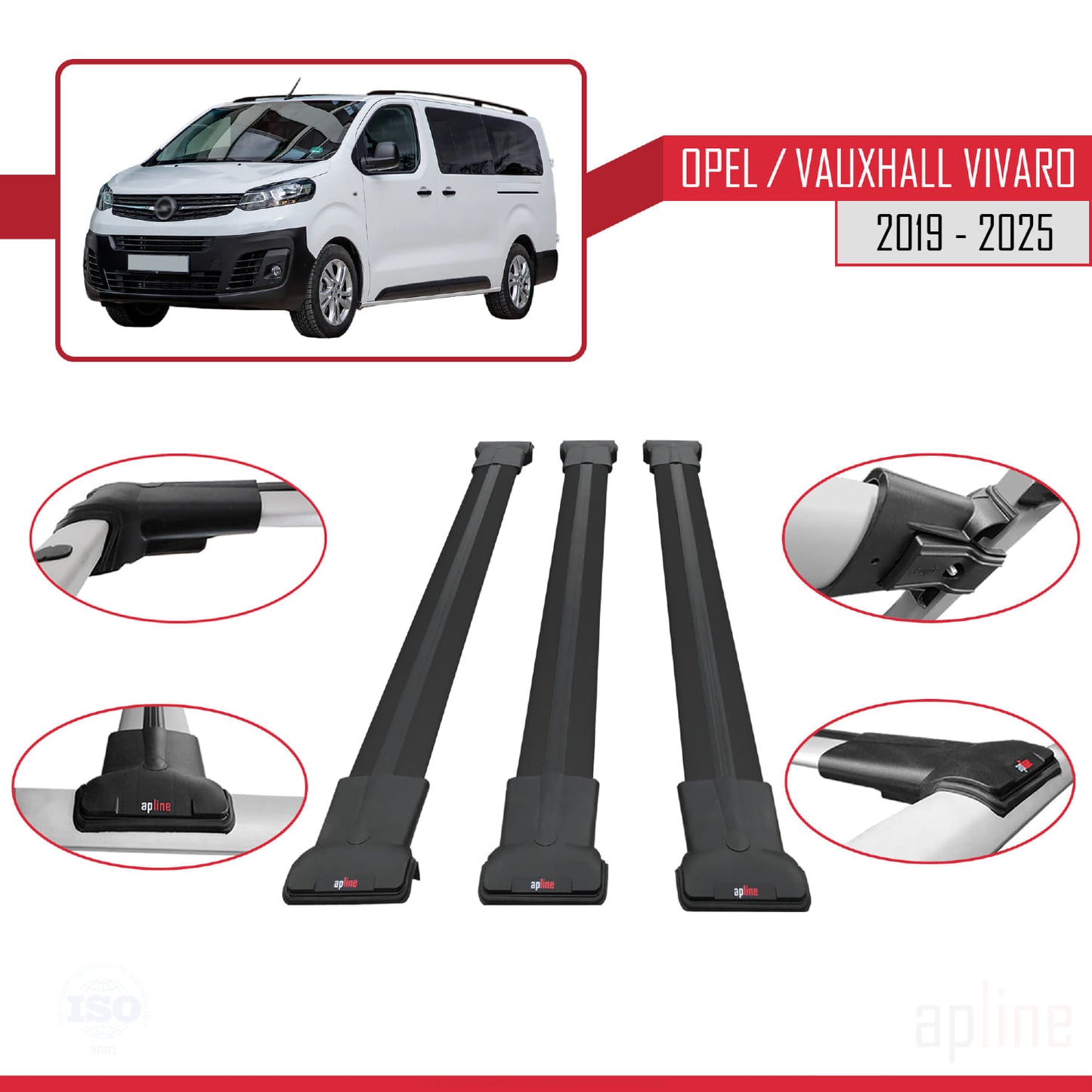Compatible avec Opel Vivaro C 2019-2025 FLY Model Barres de Toit Railing Porte-Bagages de Voiture Noir Aluminium 3 Barres