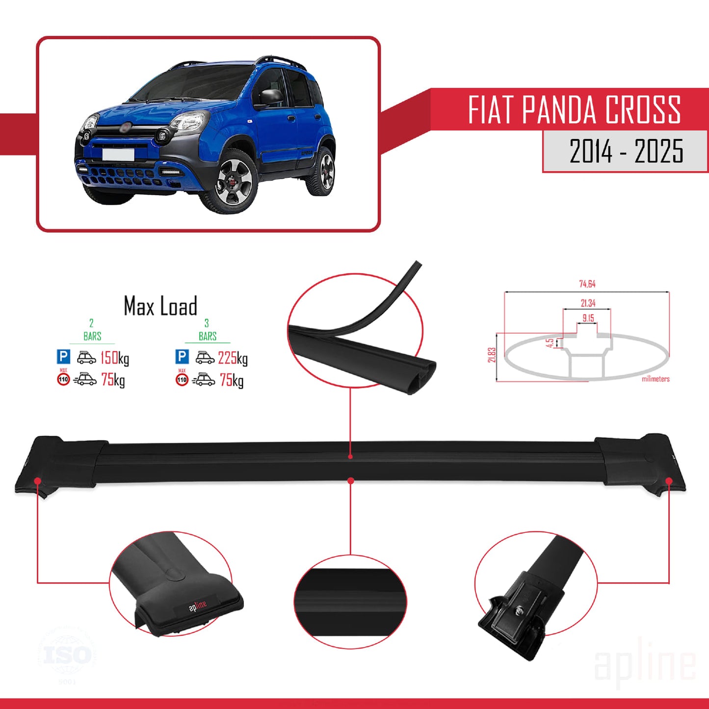 Compatible avec Fiat Panda Cross 2014-2025 FLY Model Barres de Toit Railing Porte-Bagages de Voiture Noir Aluminium 2 Barres
