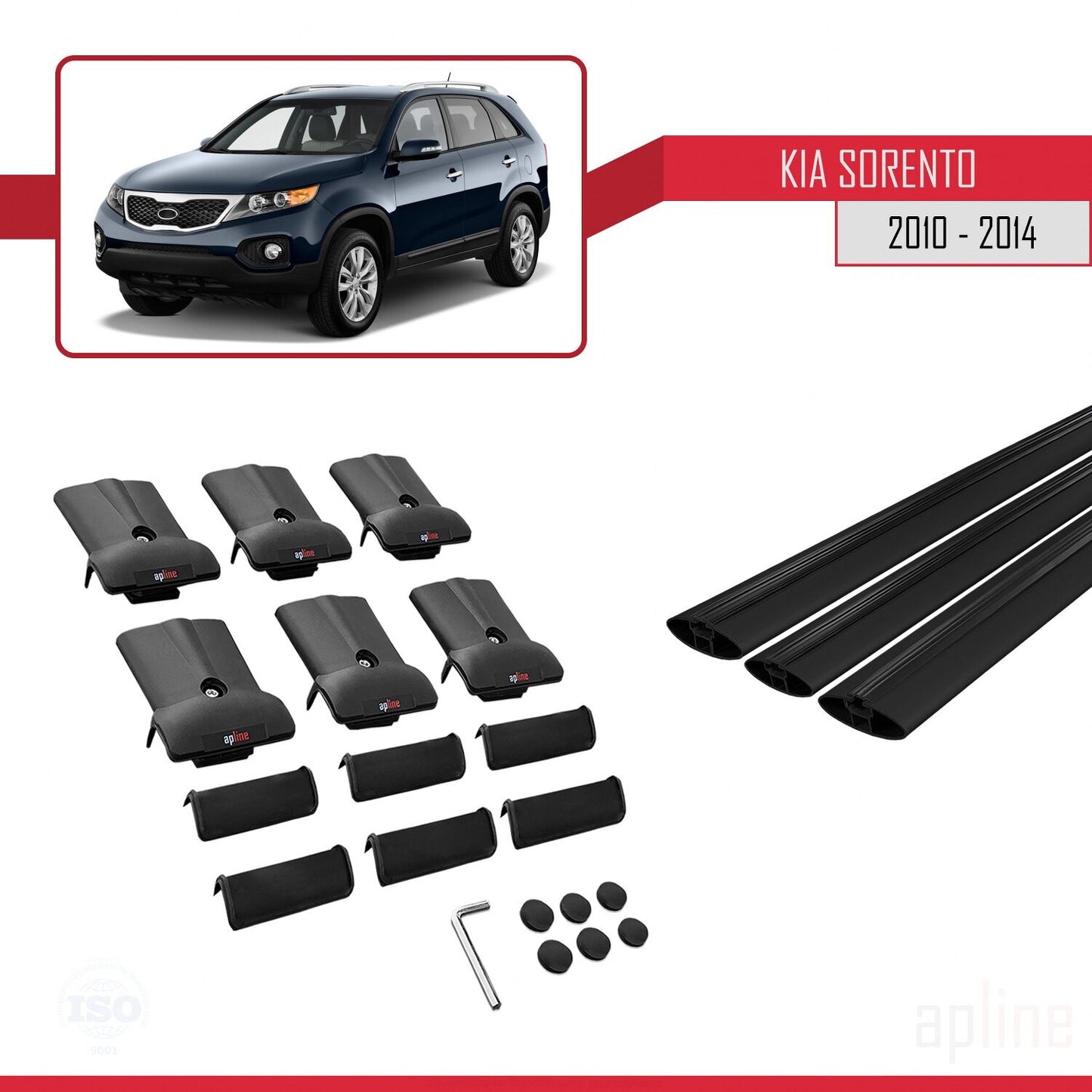 Compatible avec Kia Sorento 2 (XM) 2010-2014 FLY Model Barres de Toit Railing Porte-Bagages de Voiture Noir Aluminium 3 Barres