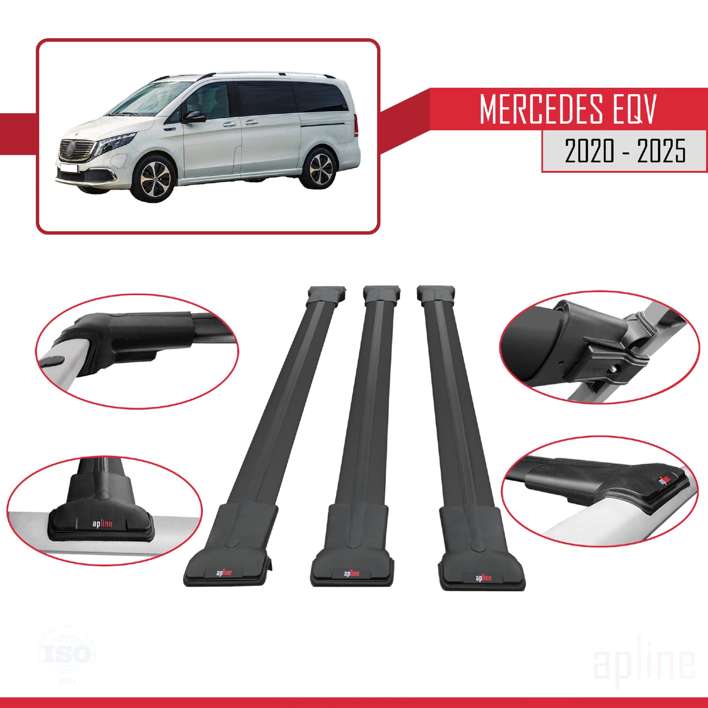 Compatible avec Mercedes EQV (W447) 2020-2025 FLY Model Barres de Toit Railing Porte-Bagages de Voiture Noir Aluminium 3 Barres