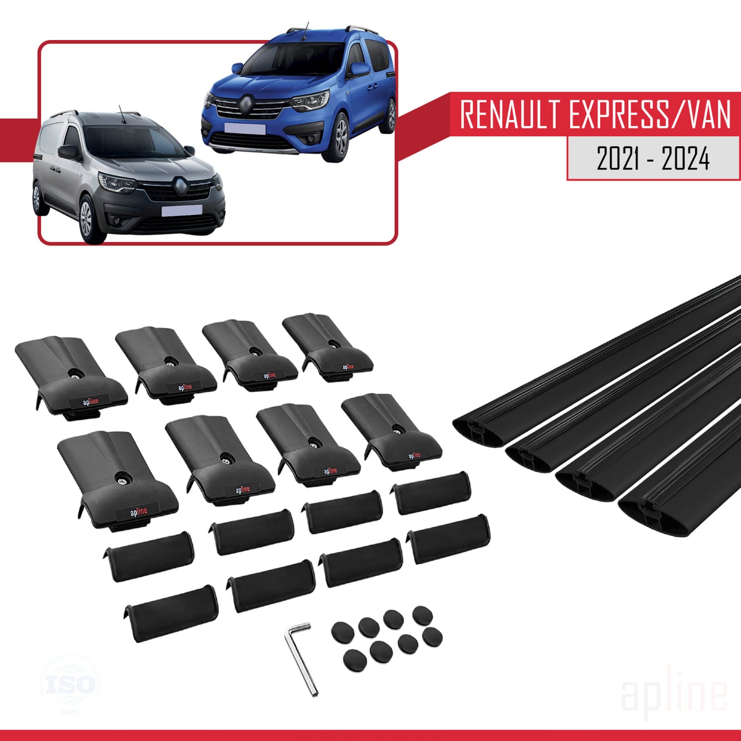 Compatible avec Renault Express 2021-2025 FLY Model Barres de Toit Railing Porte-Bagages de Voiture Noir Aluminium 4 Barres