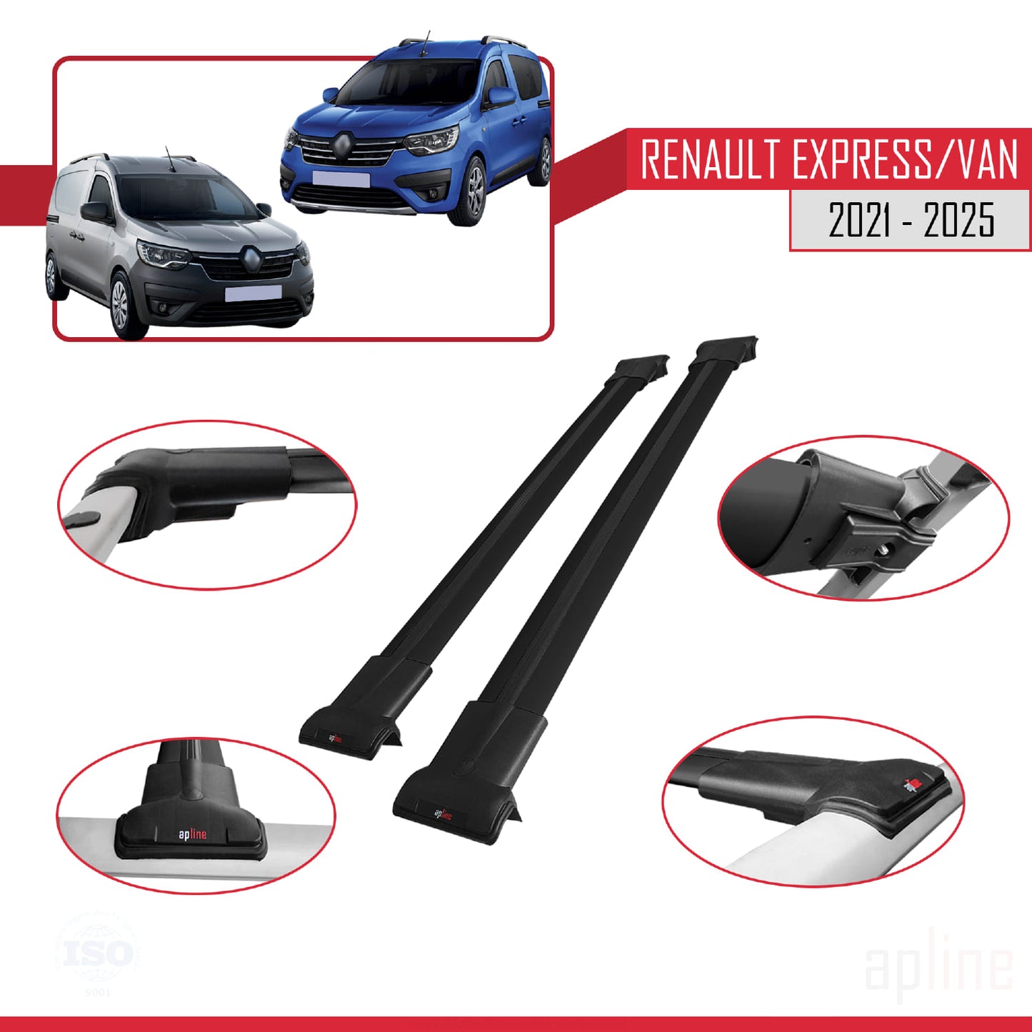Compatible avec Renault Express 2021-2025 FLY Model Barres de Toit Railing Porte-Bagages de Voiture Noir Aluminium 2 Barres