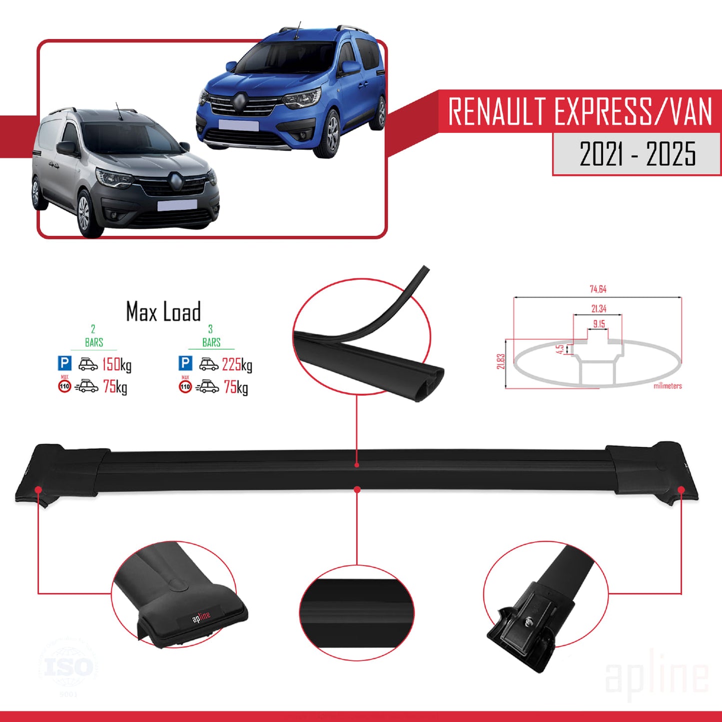 Compatible avec Renault Express 2021-2025 FLY Model Barres de Toit Railing Porte-Bagages de Voiture Noir Aluminium 2 Barres