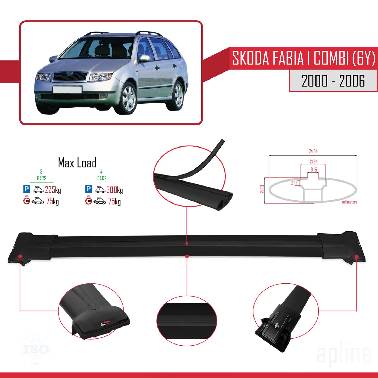 Compatible avec Skoda Fabia (6Y) Break 2000-2006 FLY Model Barres de Toit Railing Porte-Bagages de Voiture Noir Aluminium 3 Barres