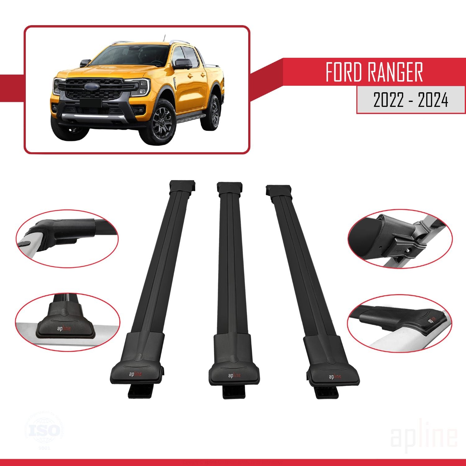 Compatible avec Ford Ranger (P703) 2022-2024 FLY Model Barres de Toit Railing Porte-Bagages de Voiture Noir Aluminium 3 Barres